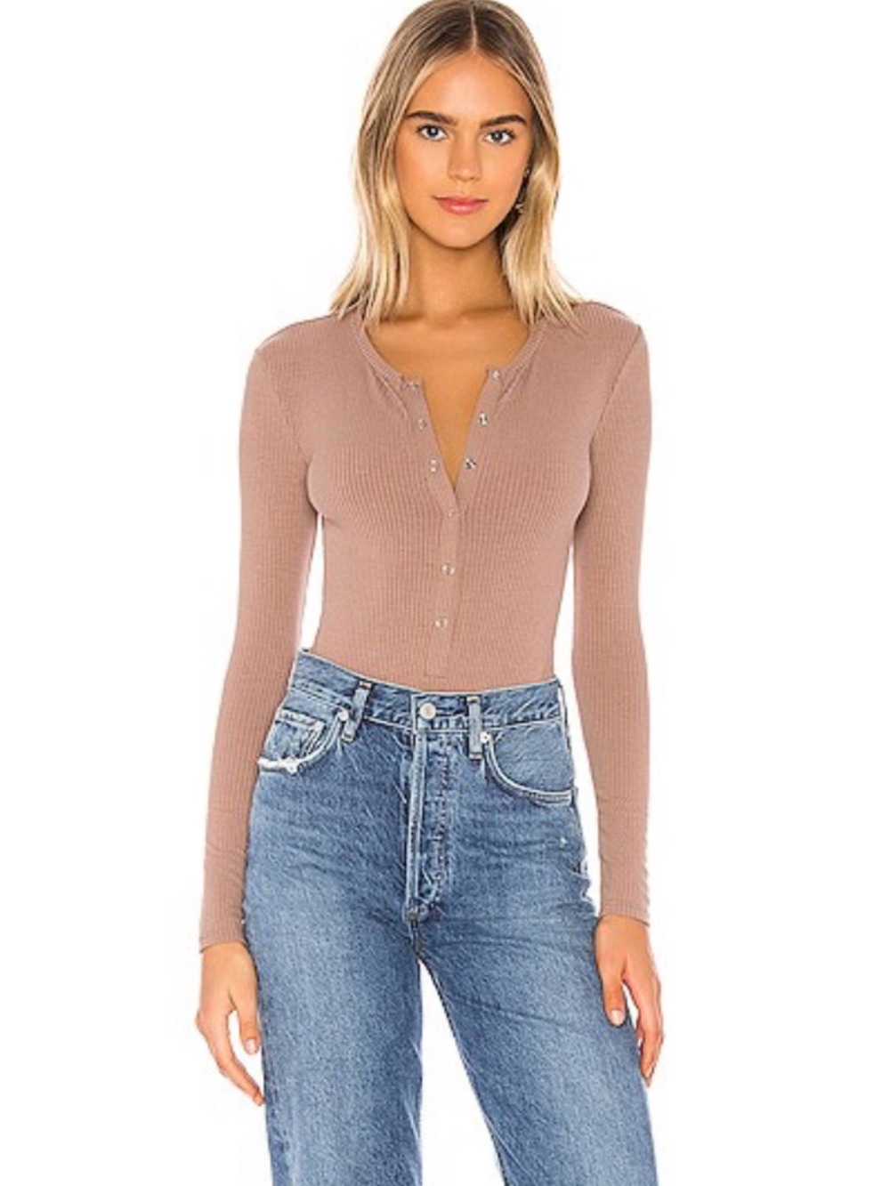 Lovers + Friends Long-Sleeve Ribbed Snap-Front Bodysuit in Mauve Taupe